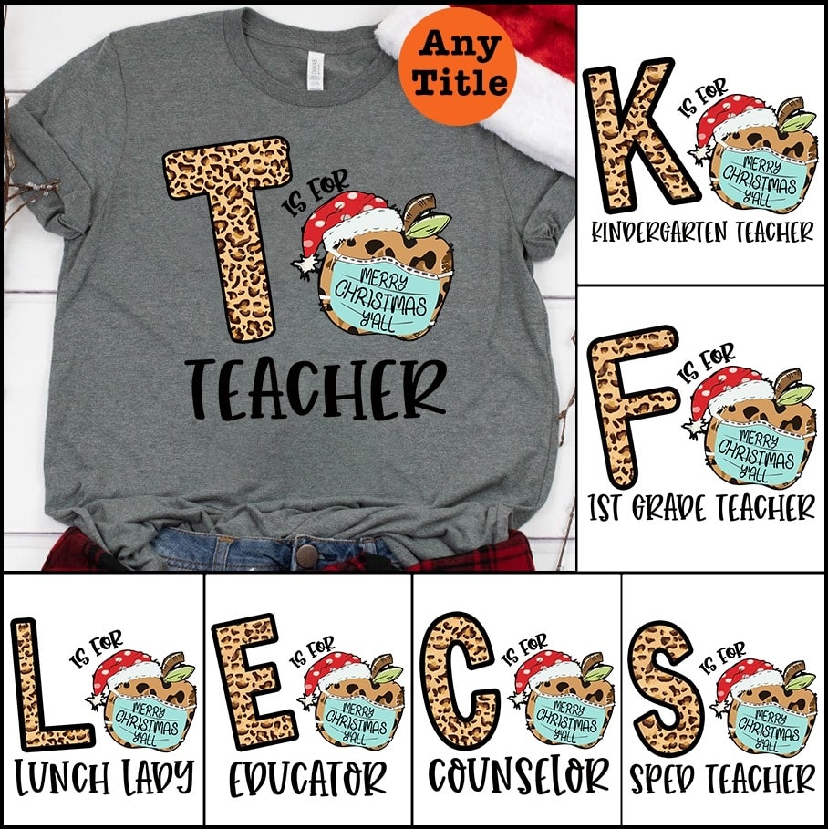 Personalized Unisex T-Shirt T Is For Teacher Merry Christmas Y’All Cute Apple Wearing Face Mask Printed Leopard Design