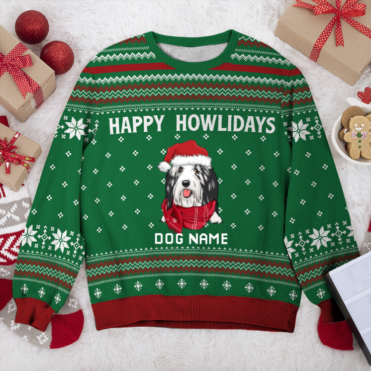 Bearded Collie Happy Howlidays Personalized Sweater, Dog Ugly Christmas Sweater