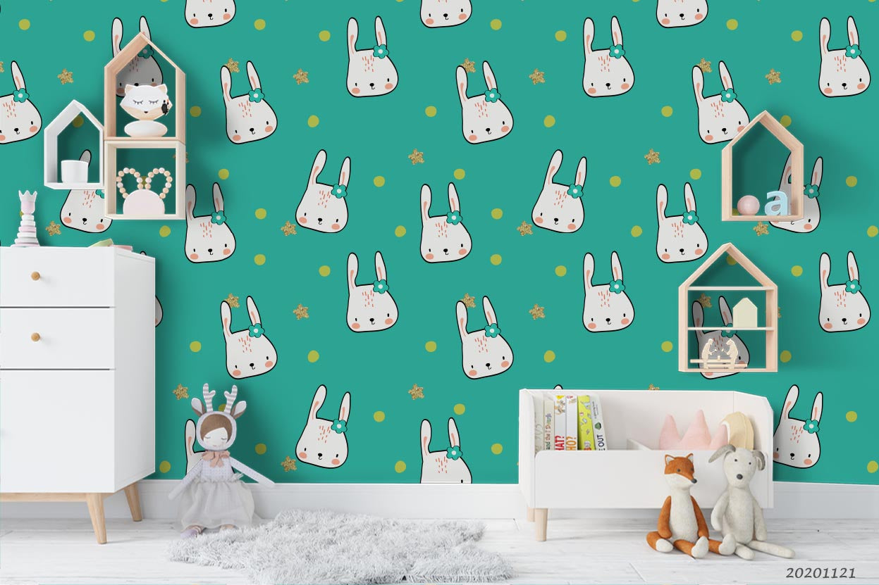 3D Cartoon Hand Drawn Bunny Animal Green Wall Mural Wallpaper Lxl