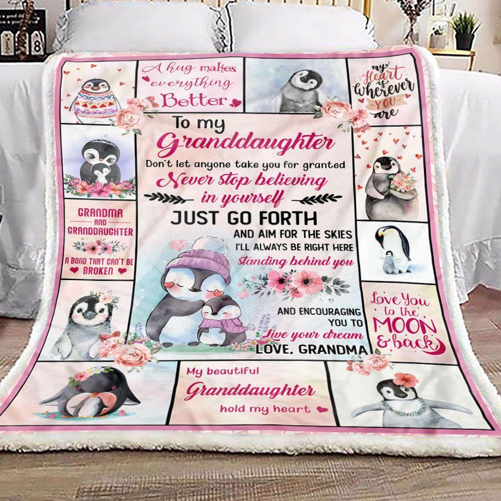 Penguin To My Granddaughter Personalized Custom Name Text Fleece Blanket Print 3D, Unisex, Kid, Adult | Gift For Granddaughter