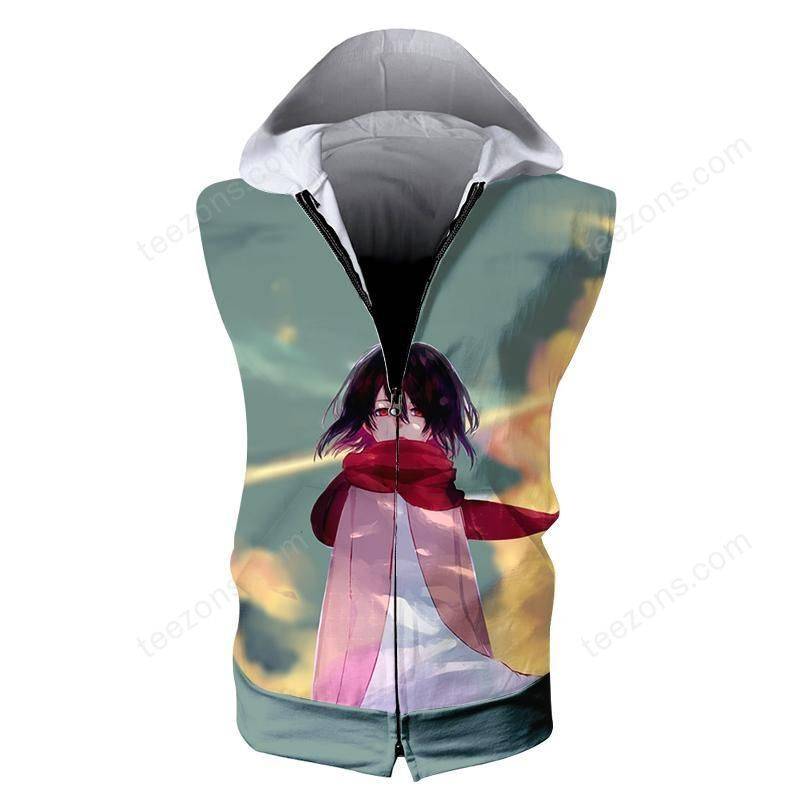 Young Mikasa Ackerman Staring Hooded Tank – Attack On Titan 3D Sleeveless Hoodie