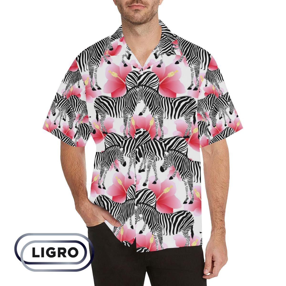 Zebra Red Hibiscus Pattern Mens All Over Print Hawaiian Shirt