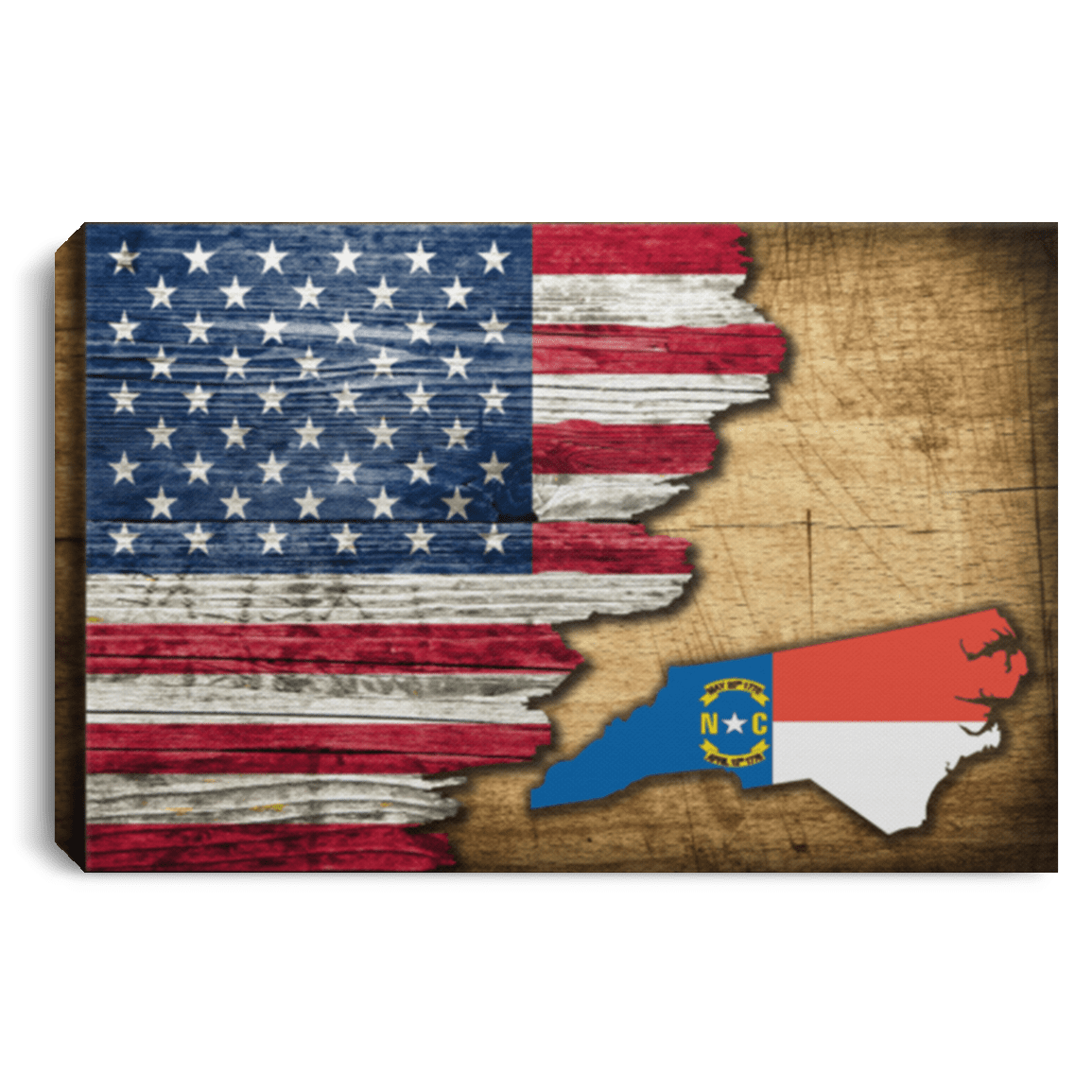 United States/North Carolina Flag Ripped Effect 12X8 Inches Landscape Canvas .75In Frame