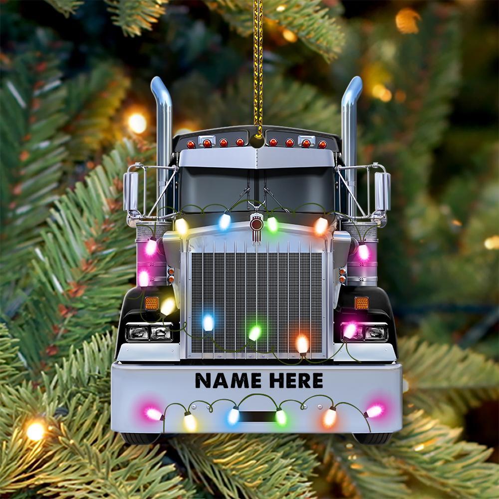 Trucker Truck With Christmas Light -Personalized Flat Ornament – Gifts For Truckers Black