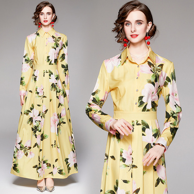 Banulin New 2021 Spring Long Maxi Dress Women’s Turn Down Neck Long Sleeve Charming Floral Print Bohemia Casual Runway Dresses alx