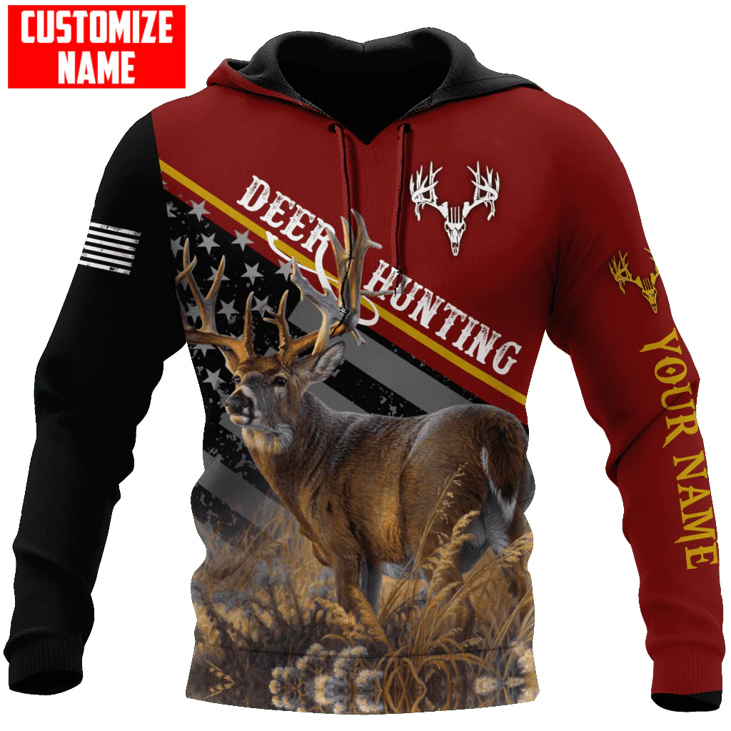 Custom Name Deer Hunting Hoodie American Flag Pattern Deer On Hoodie Gift For Hunter