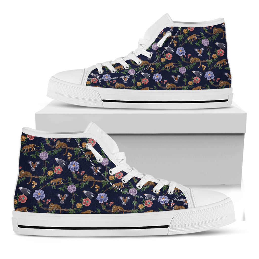 Eagle And Jaguar Pattern Print White High Top Shoes