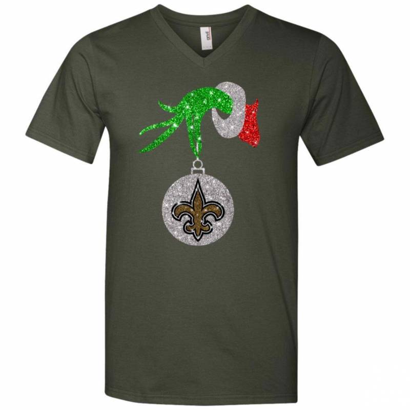 New Orleans Saints Glitter Grinch Monogram Ornament Christmas Gift V-neck T-shirt