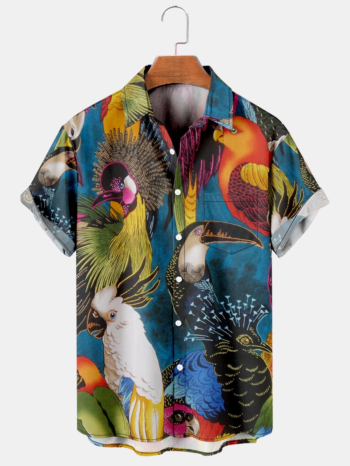 Mens Tropical Toco Toucan Parrots Print Casual Breathable Chest Pocket Short Sleeve Hawaii Shirts Ha6073