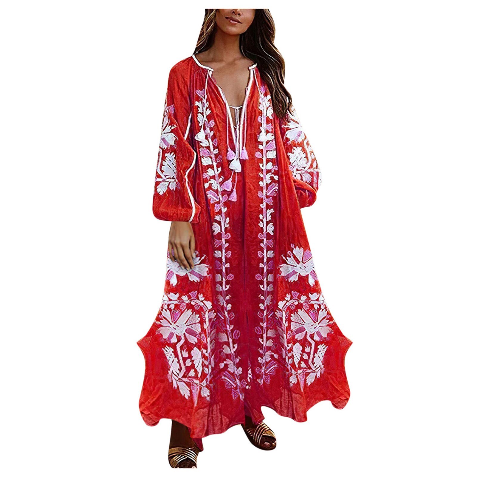 2021 Bohemian Summer Dresses Women Vintage Flora Printed Plus Size Sundress Long Lantern Sleeve V-neck Big Swing Dress Vestidos alx