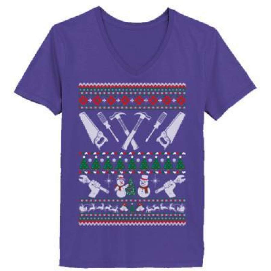 AGR Carpenter Ugly Christmas Sweater – Ladies’ V-Neck T-Shirt