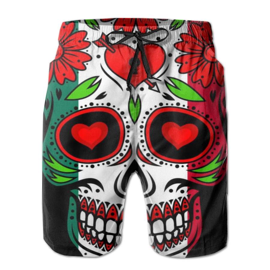 2 Pack Mexican Sugar Skull Poster Men Swim Trunks Drawstring Elastic Waist Quick Dry Beach Shorts with Mesh Lining Swimwear Bathing Suits