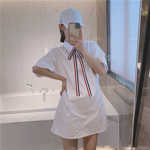 Tb Private Clothes Niche High-end Shirt Skirt Small Simple Temperament Streamer Lapel Loose Dress alx