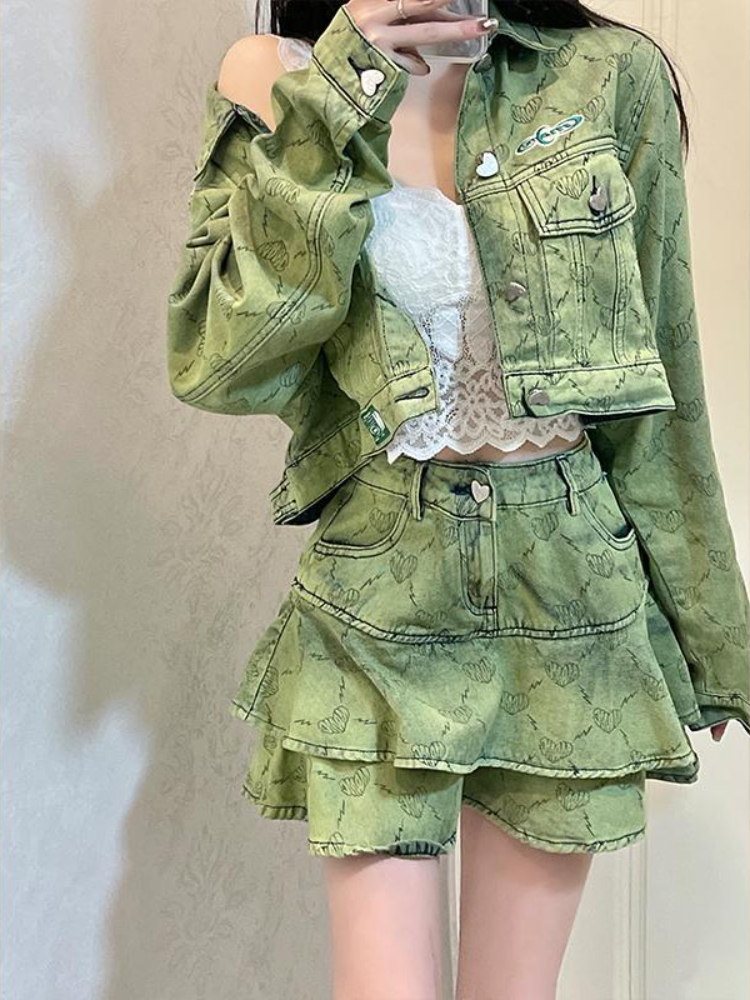 Xgoth Green Denim Suit Women 2023 Spring Hong Kong Style Retro Chic Long Sleeve Jacket + Fashion Temperament Skirt Y2K 2pcs Set alx