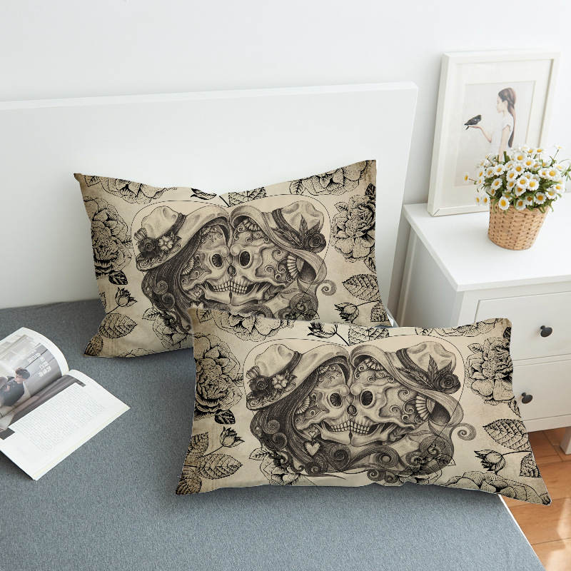 Retro Heart-Shaped Couple Skulls Pillowcase