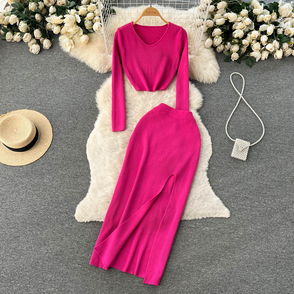 SINGREINY Winter Knitted Two Piece Suits O Neck Long Sleeve Short Tops Split Elastic Waist Long Skirt Fashion Chic Sweater Sets alx