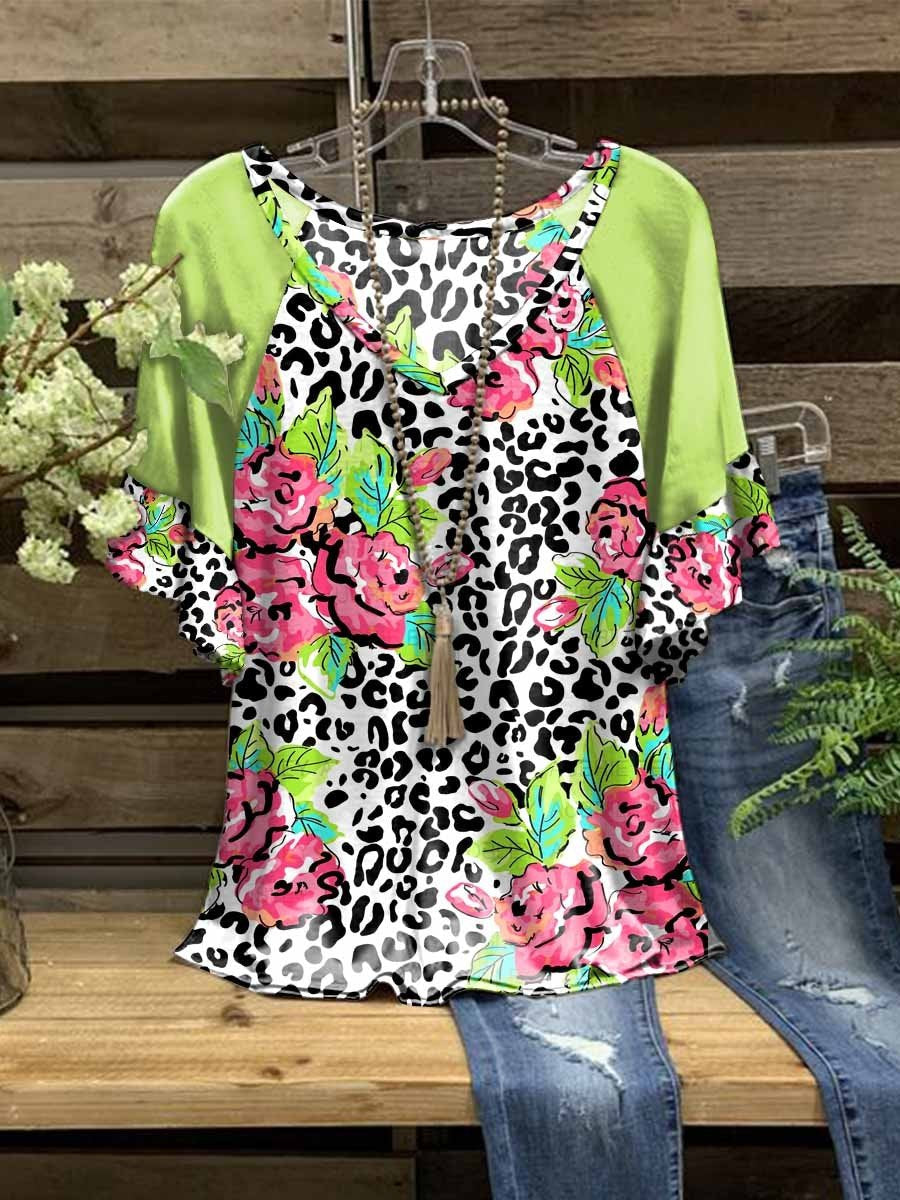 Women Flowers Leopard Printed V-Neck Top