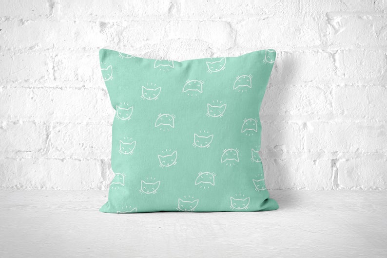 Cat Throw Pillow, Mint Throw Pillow, Seafoam Pillow, Cute Pillow, Cat Throw Pillow, Cute Cat Decor, Modern Throw Pillow, Cat Cushion