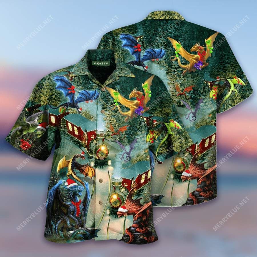 Dragons Christmas Train Blue Sky Hawaii Aloha Shirts Ha101040