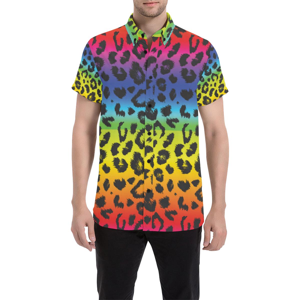 Rainbow Leopard Pattern Print Design A01 Men Button Up Shirt