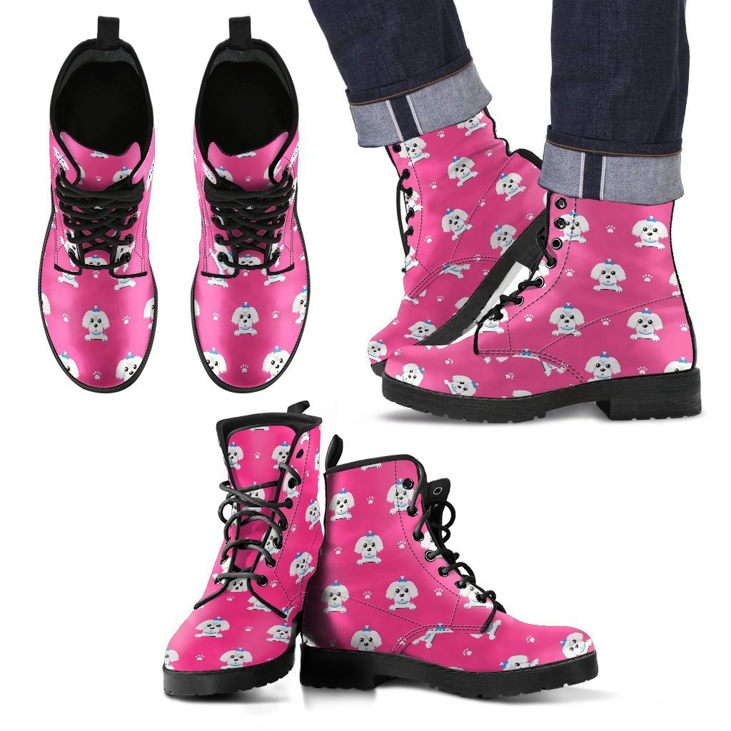 Dog Maltese Puppy Pattern Print Men Women Leather Boots Fashion Boots Custom Shoes