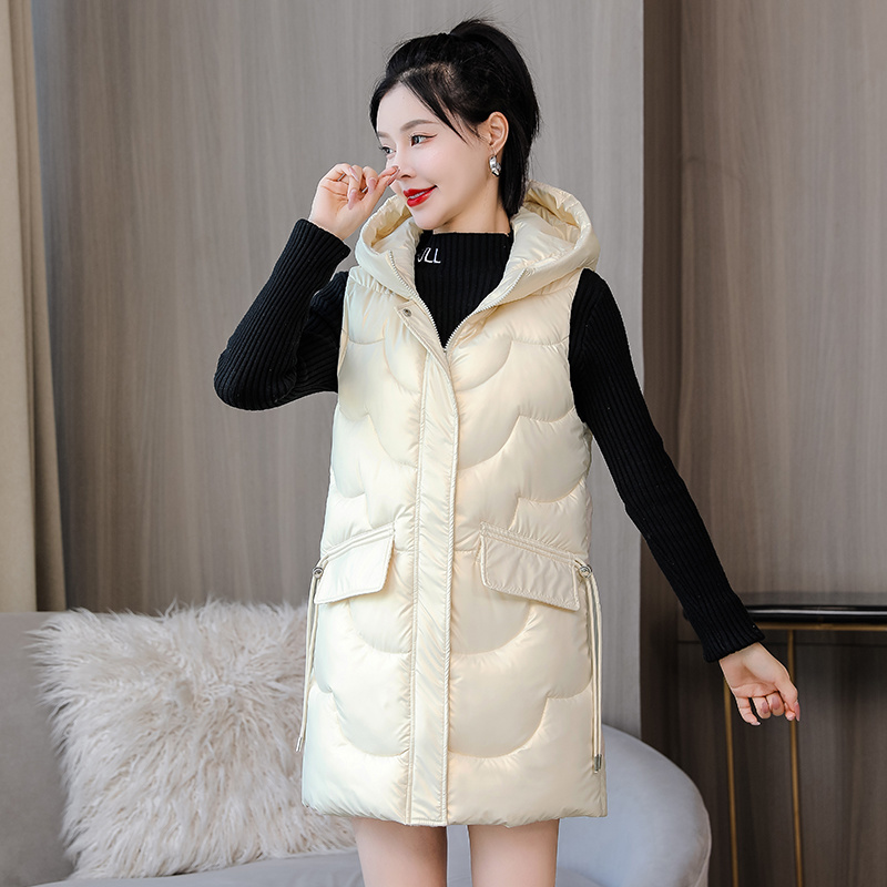 #0445 Hooded Vest Coat Women Warm Thick Long Vest Ladies Zipper Outerwear Waistcoat Female Solid Color Slim Down Cotton Vest alx