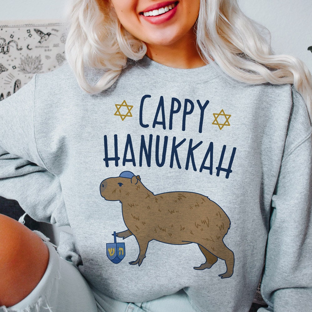 Cappy Hanukkah Crewneck Sweatshirt, Festive Capybara Mazel Tov Holiday Hanukkah Crewneck Sweatshirt, Ugly Holiday Sweater