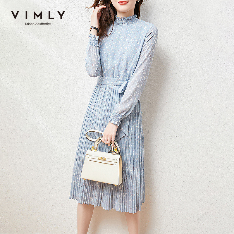 VIMLY Maxi Dresses For Women Fashion Half Turtleneck Floral Dress Elegant Office Lady High Waist Sashes Full Sleeve Dress F6568 alx