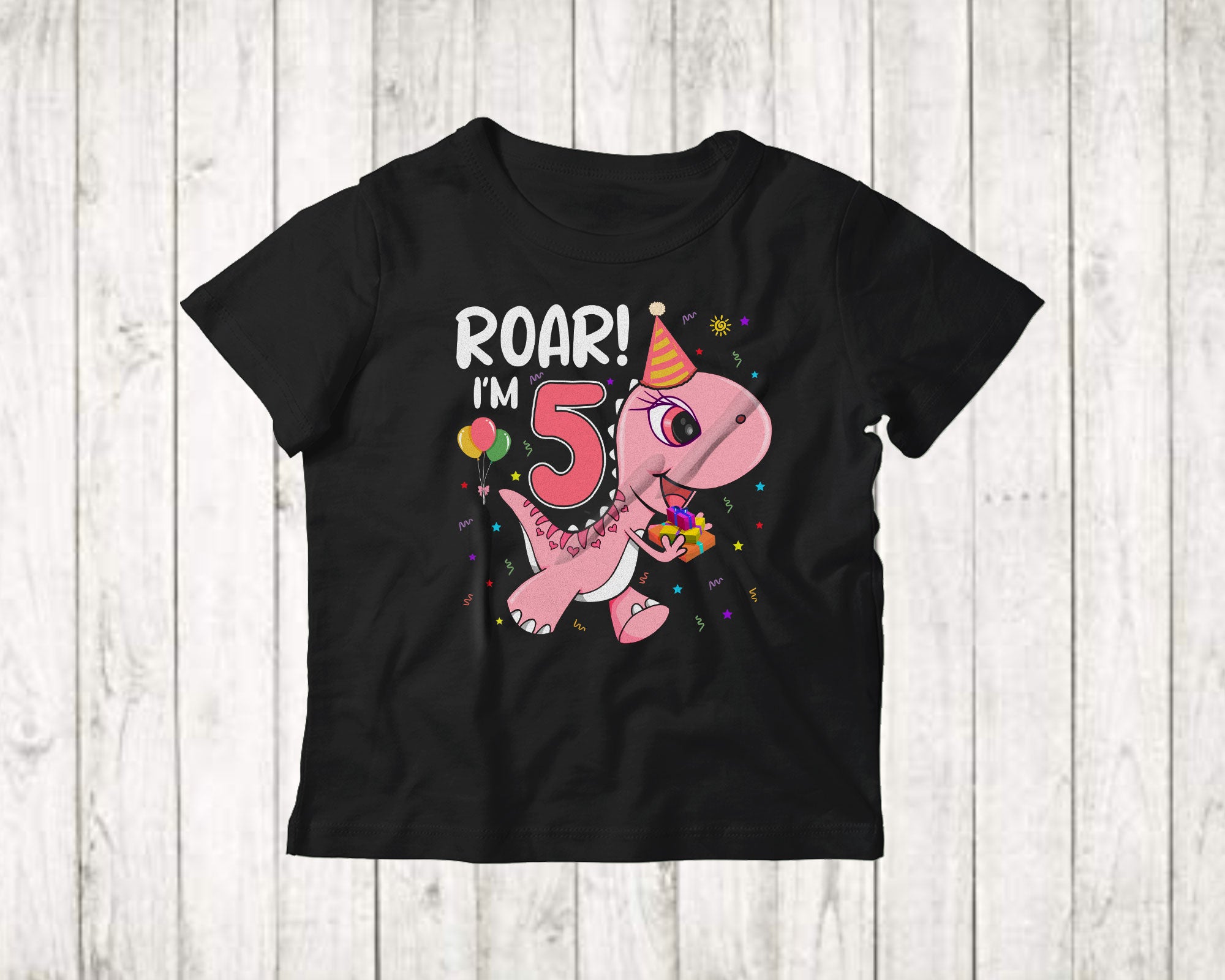 Birthday Dinosaur Shirt Roar I’M 5 Cute 5Th Birthday 5 Year Old Girls Kids Dinosaur T-Rex Lover Gifts T-Shirt