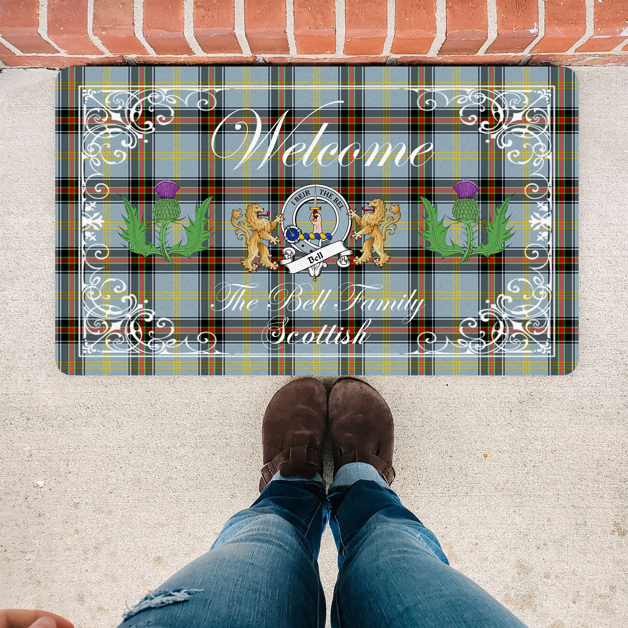 Scotstee Shop Tartan Door Mats Clan Bell Badge Tartan Thistle And Two Lion Scottish Plaid Doormat, Christmas Door Mat Gift