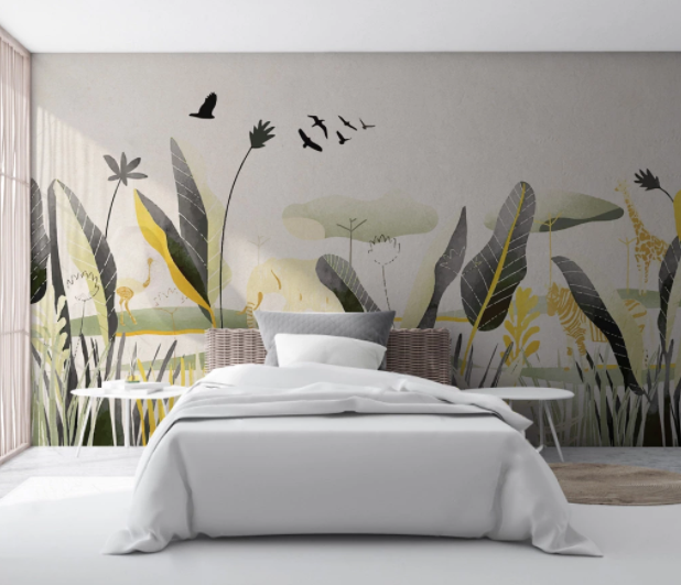 3D Hand Drawn Bird Animal Leaves Plant Wall Mural Wallpaper Lxl