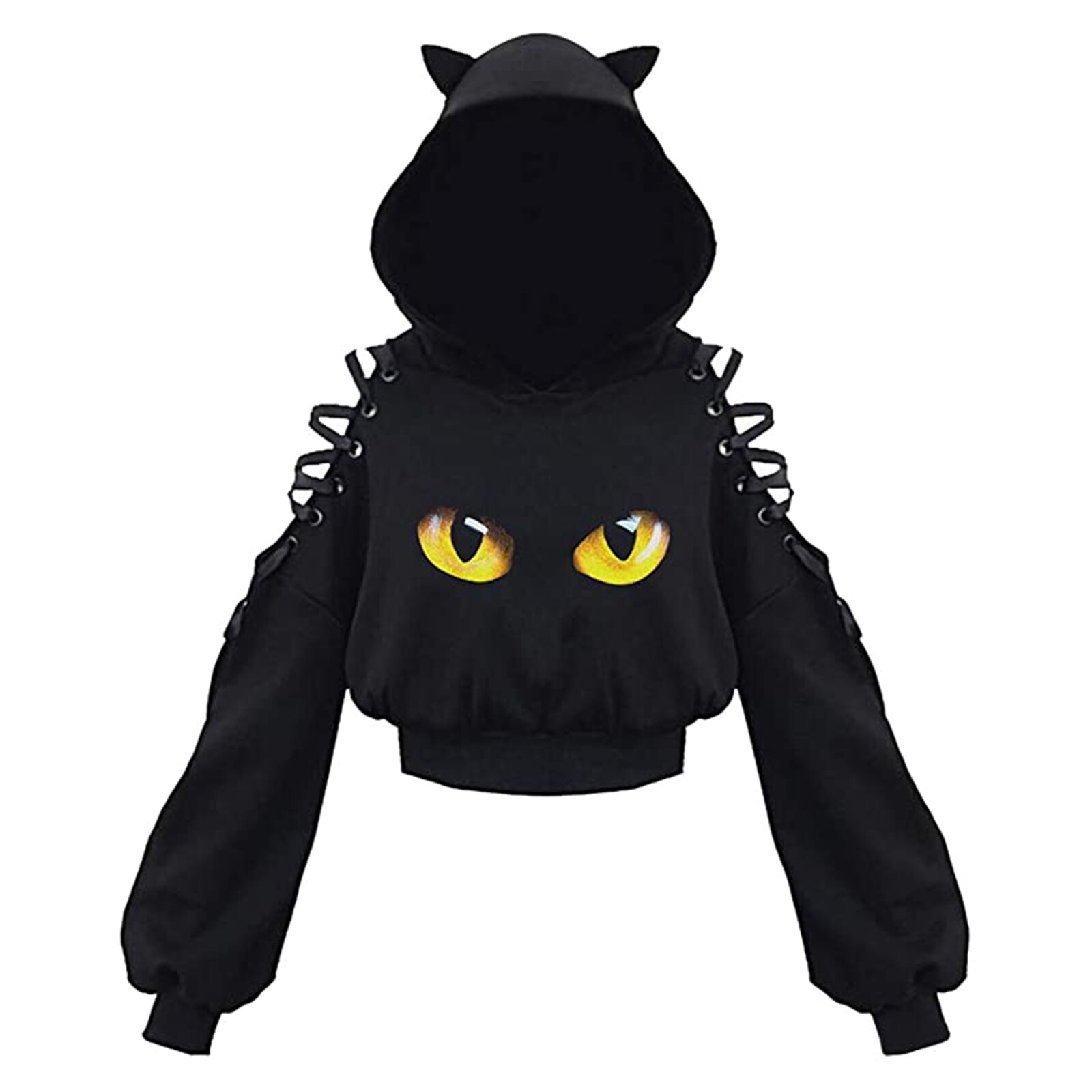 Women Long Sleeve Hoodies Kawaii Cat Ears Hoodie Gothic Punk Harajuku Cold Shouler Bandage Gothic Black Sweatshirts 2022 alx