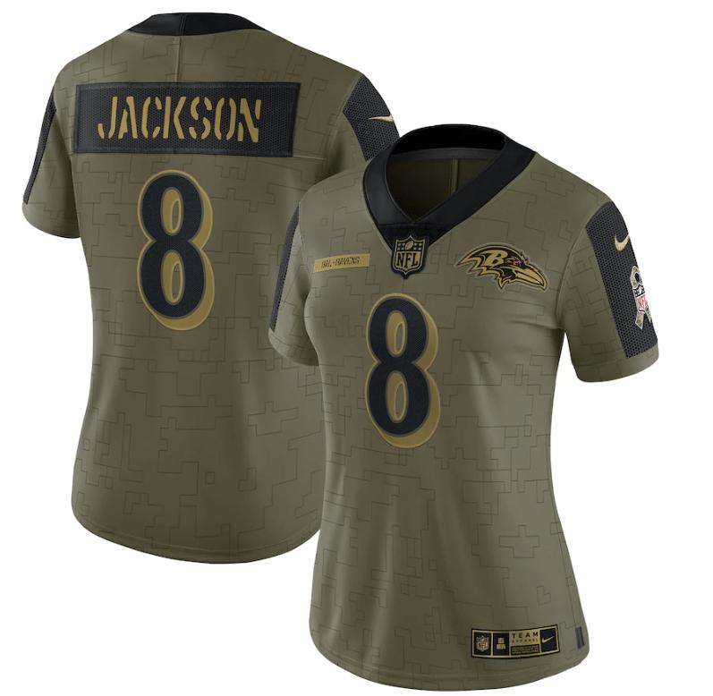 Baltimore Ravens Lamar Jackson 8 NFL Olive 2021 Salute To Service Player Women Jersey For Ravens Fans