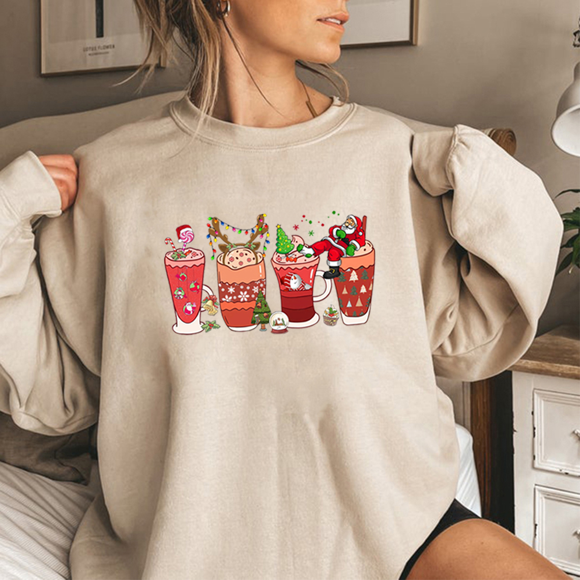 Christmas Coffee Sweatshirt Merry Christmas Hoodie Women Long Sleeve Crewneck Sweatshirts Cute Santa Claus Pullovers Casual Tops alx