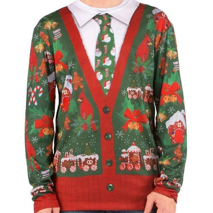 Ugly Christmas Cardigan Sweater Men’s Allover Print Longsleeve Costume T-Shirt