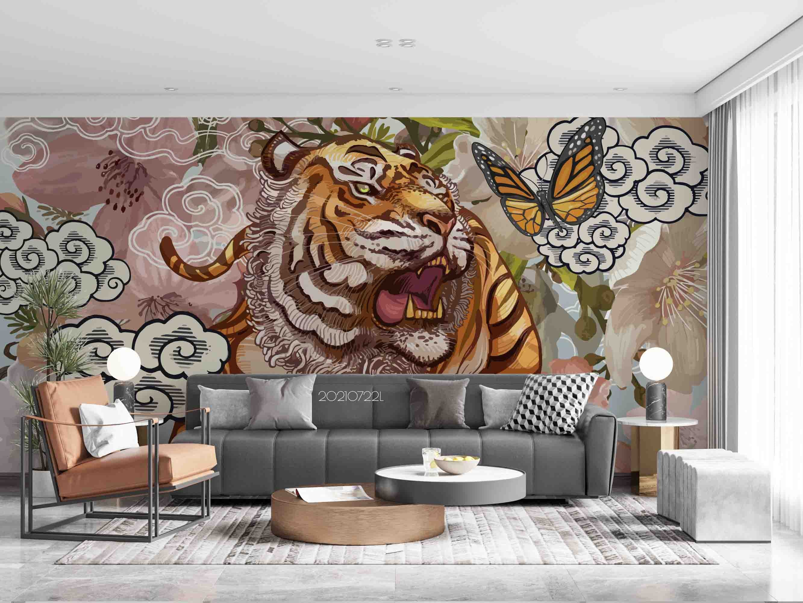 3D Hand-Painted Tiger Floral Wall Mural Wallpaper Sww3573