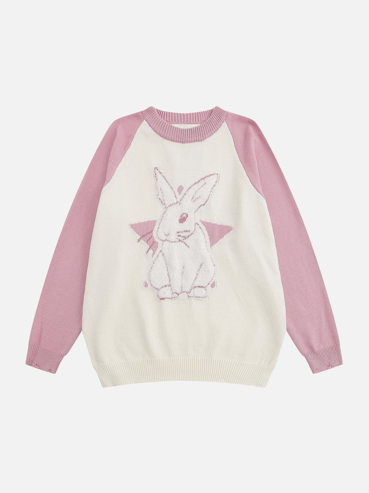 Talishko™ – Plush Bunny Jacquard Frayed Knit Sweater