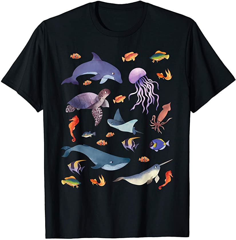 Marine Life Love Sea Turtle Dolphin Jellyfish Whale Fishes T-Shirt