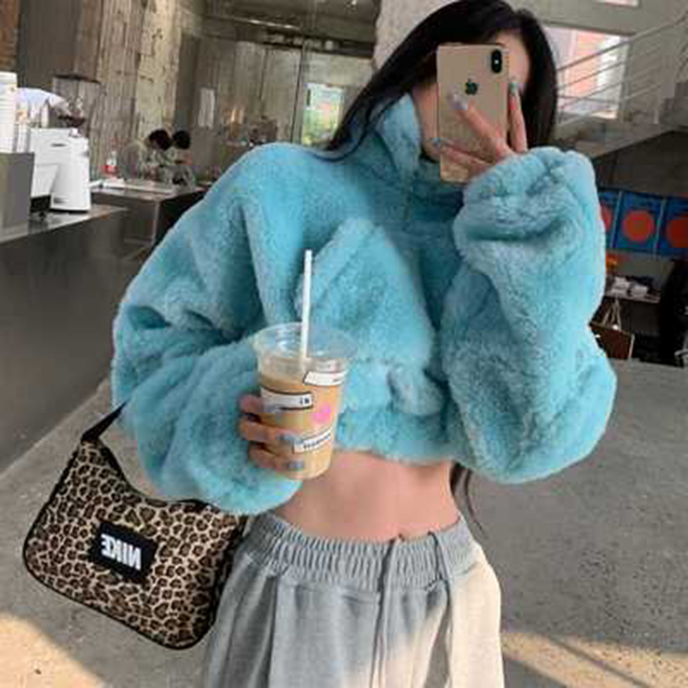 2022 New Pullover Streetwear Blue Short Lamb Wool Stand Collar Thicke Sweatshirt Women ‘s Top Korean Fashion alx