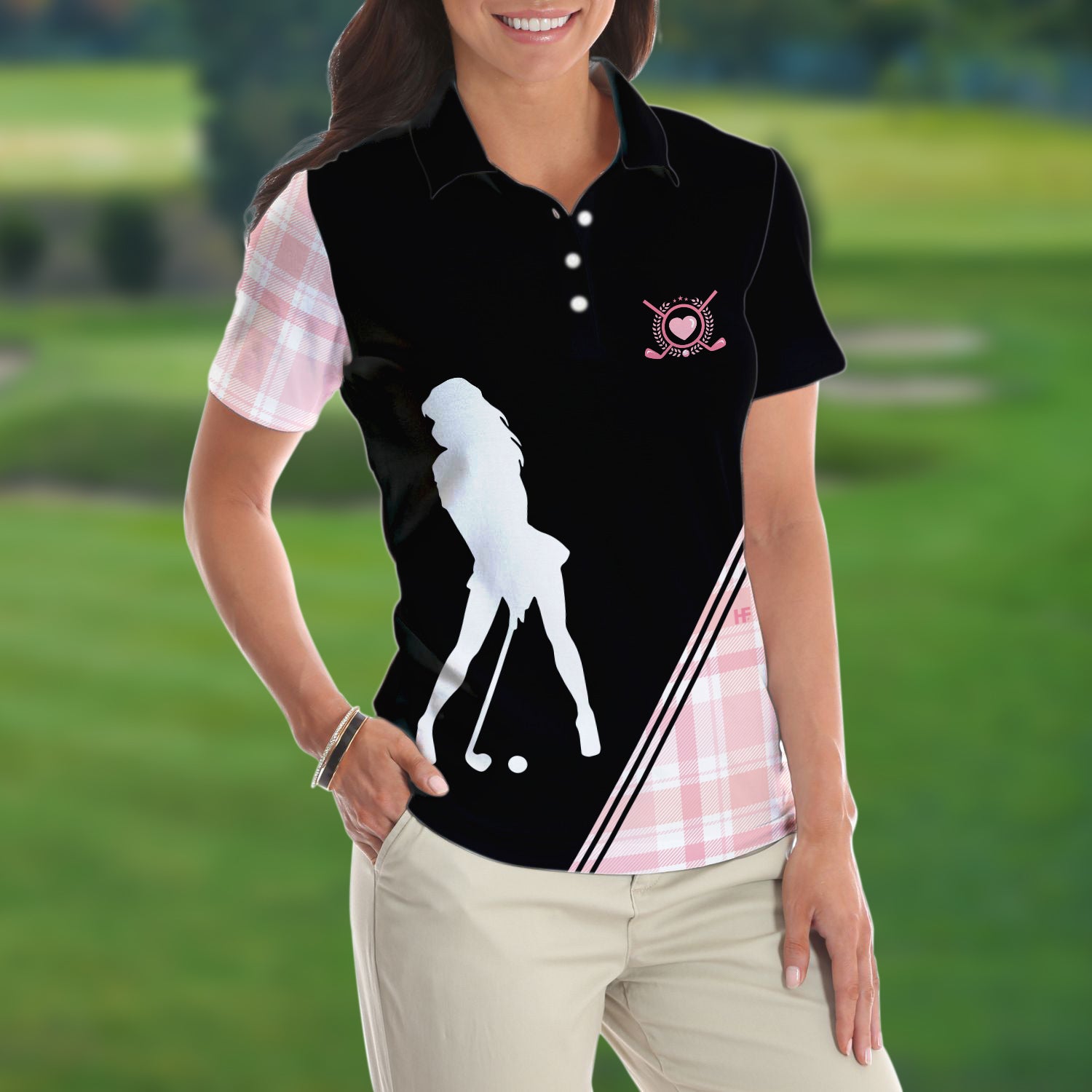 Golf Girl In Black And Pink Plaid Pattern Golf Short Sleeve Women Polo Shirt, Unique Golf Shirt For Ladies Coolspod