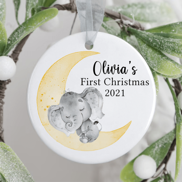 Personalized Baby’S First Christmas Moon Baby Elephant Sleep Ornament