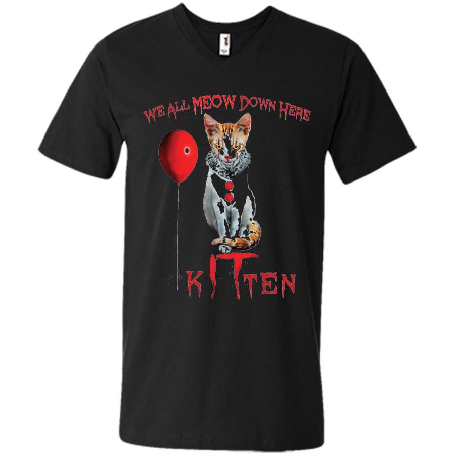 We All MEOW Down Here Clown Cat Kitten  Mens Printed V-Neck T