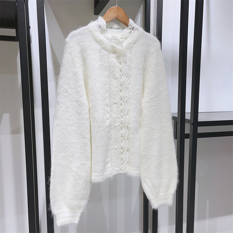 Women Lace Hollow Out Lantern Sleeve Knit Cardigan Stand Collar Single-Breasted Tops Autumn New Lady Mohair Wool Sweater Coat alx