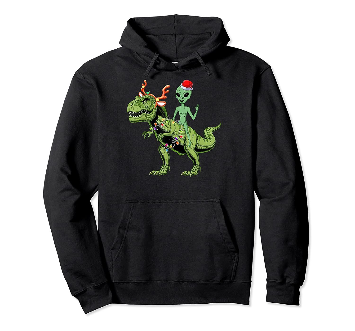 Boy Kid Santa Alien Riding T-rex Dinosaur Christmas Lights Pullover Hoodie, T-Shirt, Sweatshirt