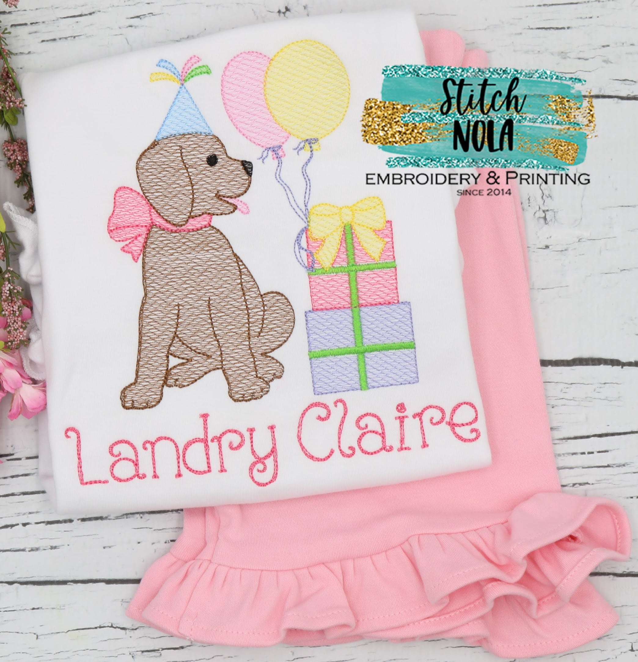 Personalized Birthday Puppy With Balloons & Cake Sketch Shirt