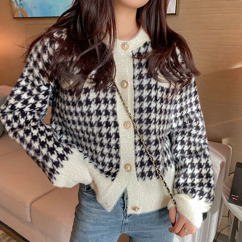 Spring Autumn Houndstooth O-neck Cardigan Sweater Women New Sweet Single Breasted Pearl Button Imitation Mink Student Short Coat alx