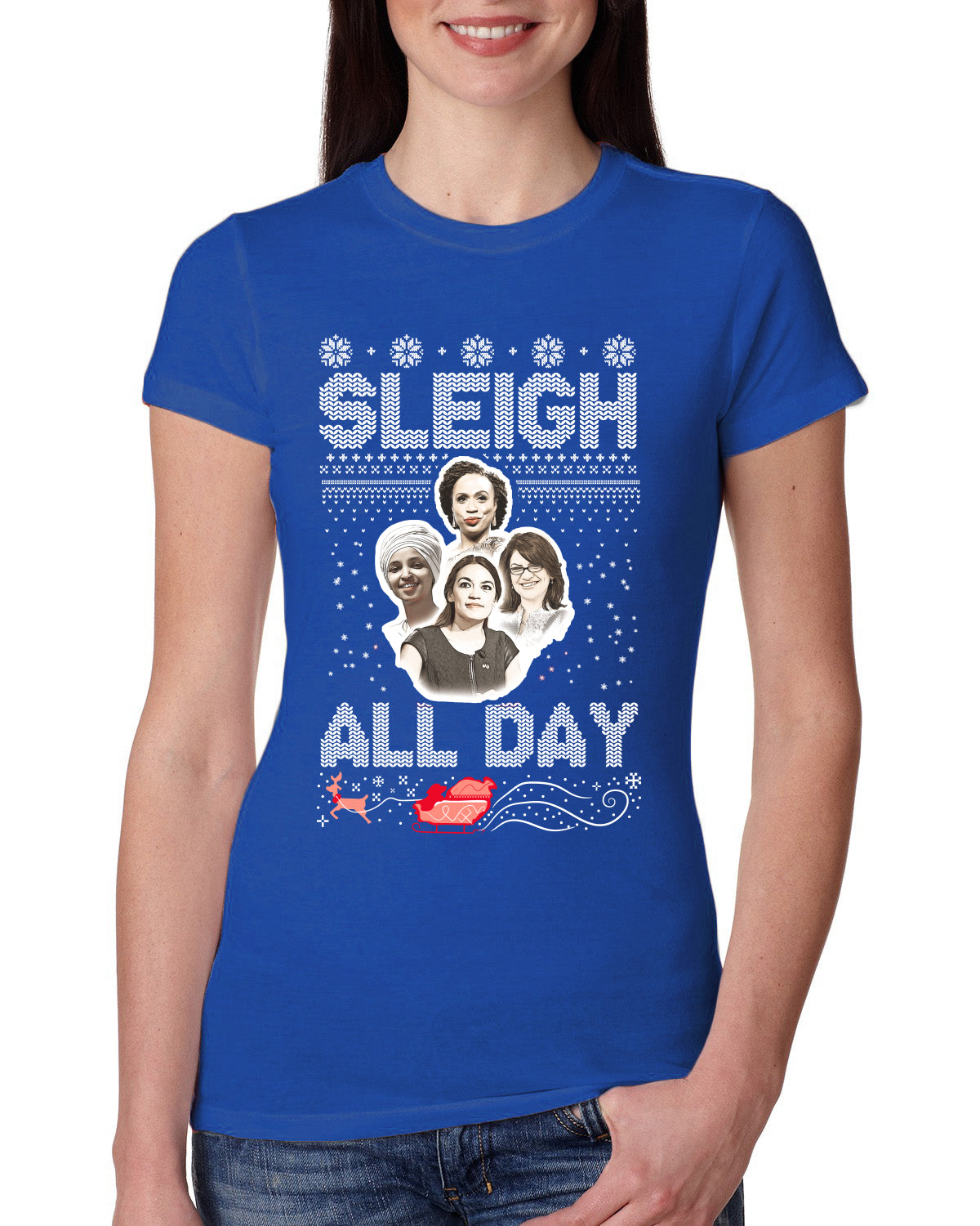 Aoc The Squad Congresswomen Sleigh All Day Xmas Ugly Christmas Sweater Womens Slim Fit Junior Tee