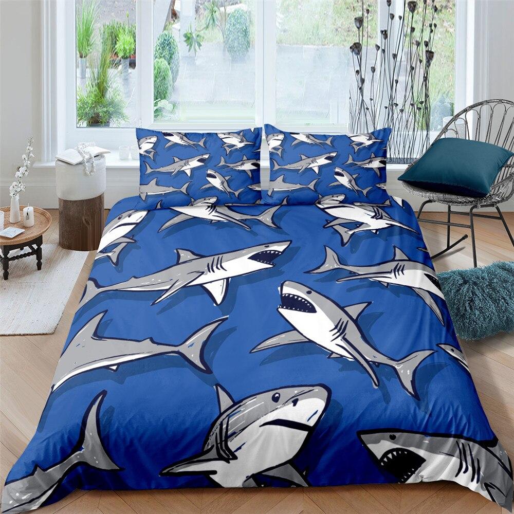 Shark Patterns Blue 3 Pcs Quilted Comforter Set