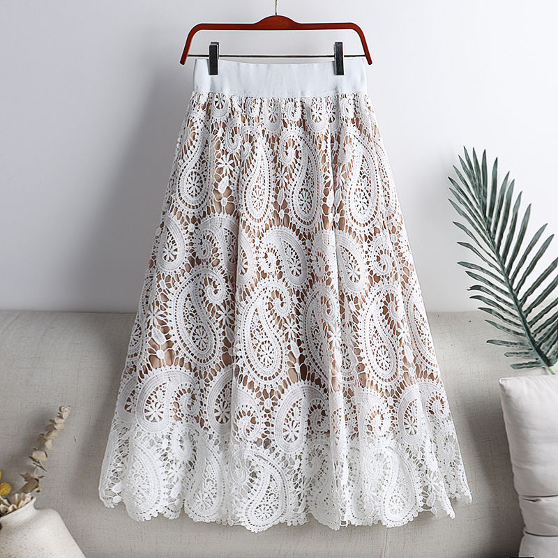 Vintage Elegant Hook Flower Hollow Paisley Lace Skirt 2022 Summer New Commute All-match Zipper High Waist A-Line Midi Skirts alx