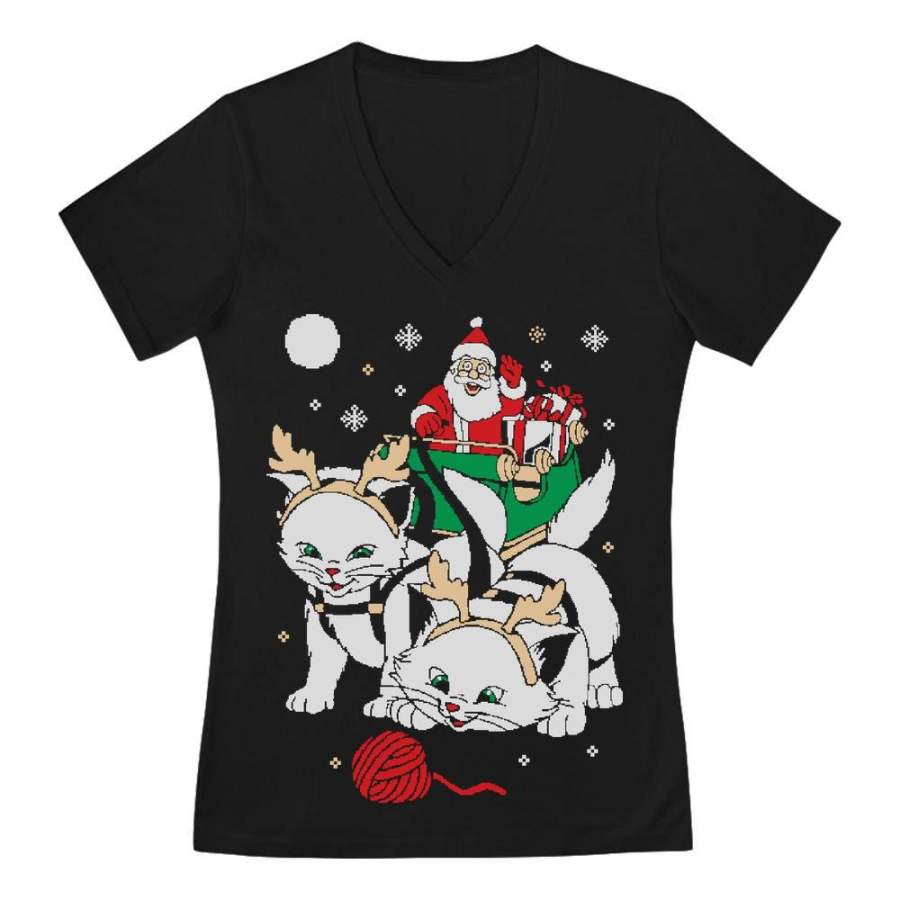 Cats Santa Ride Kittens Ugly Christmas V-Neck Fitted Women T-Shirt